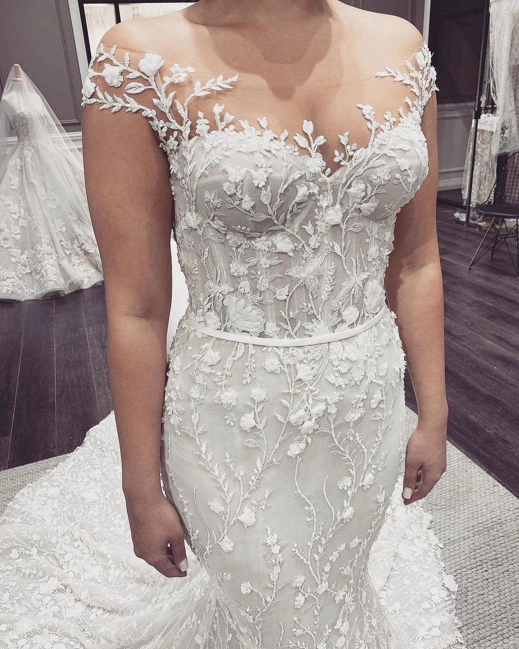 Elegant Long Mermaid Off-the-Shoulder Appliques Lace Backless Wedding Dress by BIZTUNNEL