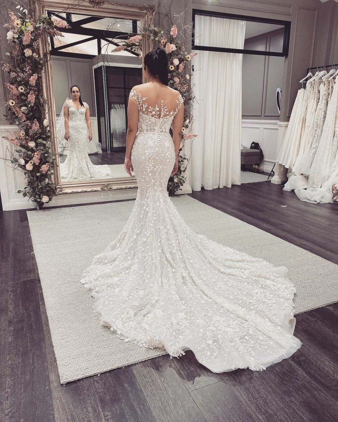 Elegant Long Mermaid Off-the-Shoulder Appliques Lace Backless Wedding Dress by BIZTUNNEL