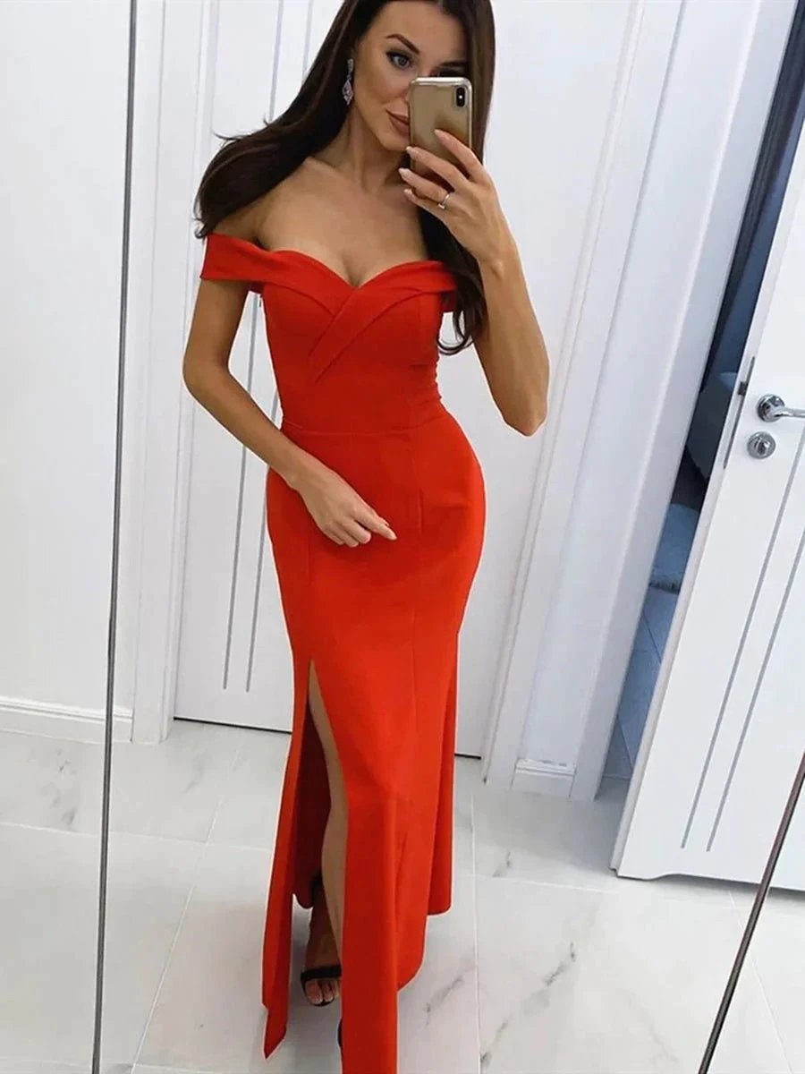 Elegant Long Mermaid Off the Shoulder Satin Formal Prom dresses with Slit by BIZTUNNEL