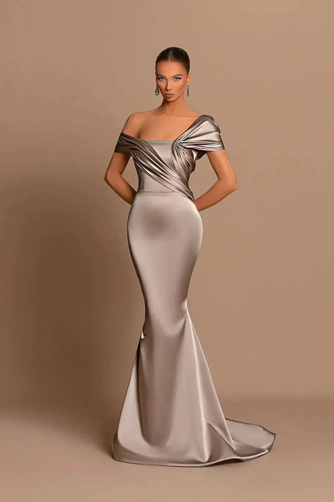 Elegant Long Mermaid Off-the-shoulder Satin Formal Prom Dresses by BIZTUNNEL