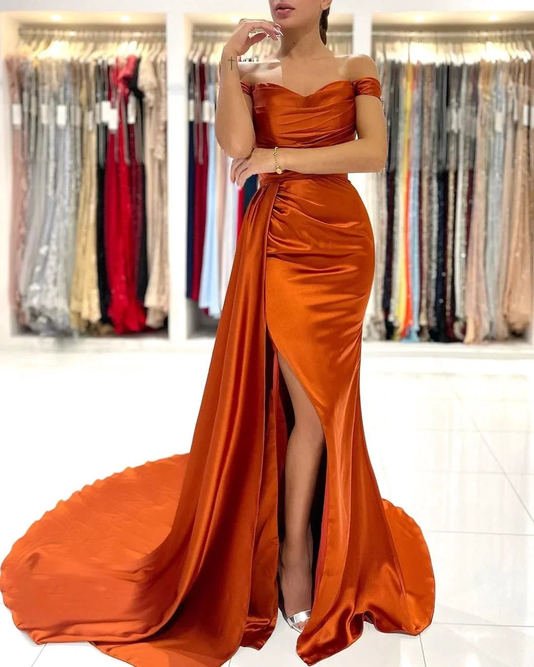 Elegant Long Mermaid Off-the-shoulder Stretch Satin Prom Dress with Slit by BIZTUNNEL