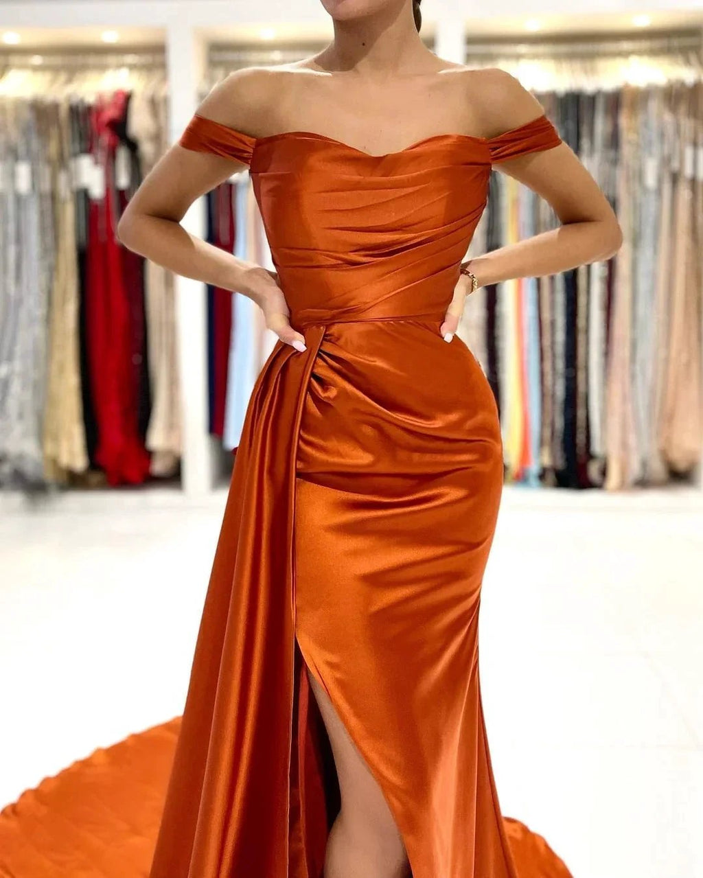 Elegant Long Mermaid Off-the-shoulder Stretch Satin Prom Dress with Slit by BIZTUNNEL