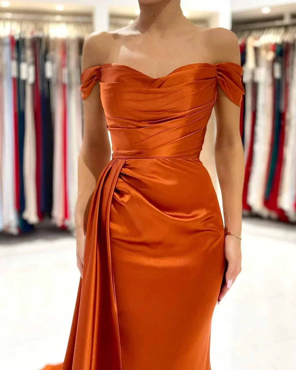 Elegant Long Mermaid Off-the-shoulder Stretch Satin Prom Dress with Slit by BIZTUNNEL