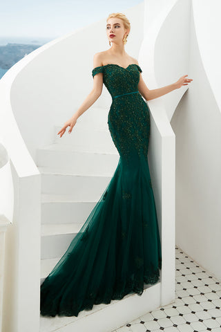Elegantes langes schulterfreies Ballkleid aus Tüllspitze im Meerjungfrauenstil