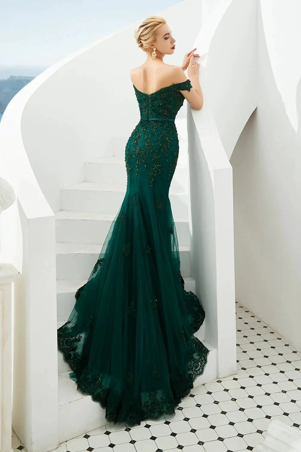 Elegant Long Mermaid Off-the-shoulder Tulle Lace Prom Dress by BIZTUNNEL