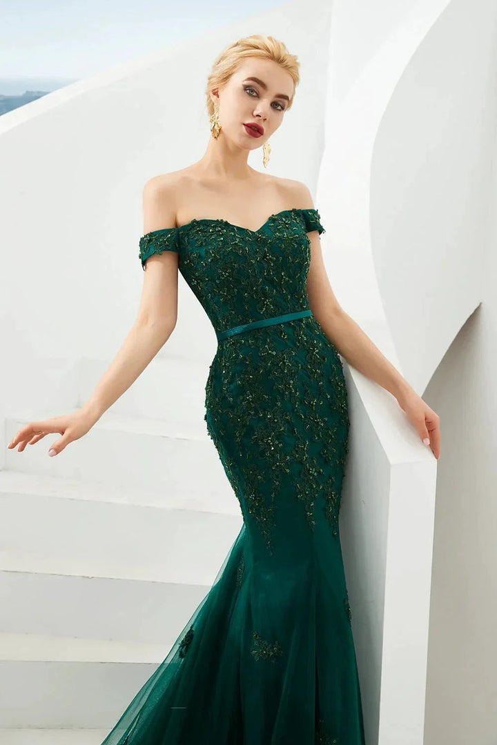 Elegant Long Mermaid Off-the-shoulder Tulle Lace Prom Dress by BIZTUNNEL