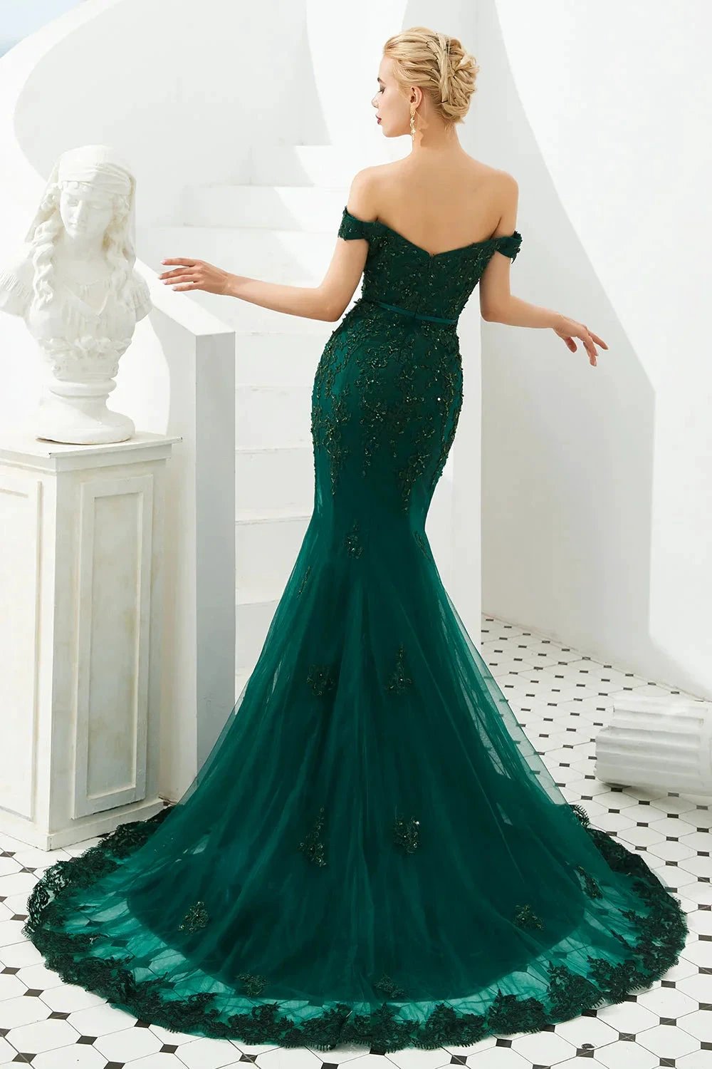 Elegant Long Mermaid Off-the-shoulder Tulle Lace Prom Dress by BIZTUNNEL
