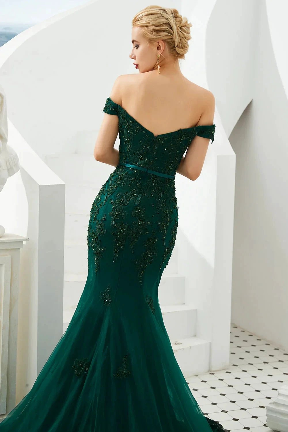 Elegant Long Mermaid Off-the-shoulder Tulle Lace Prom Dress by BIZTUNNEL