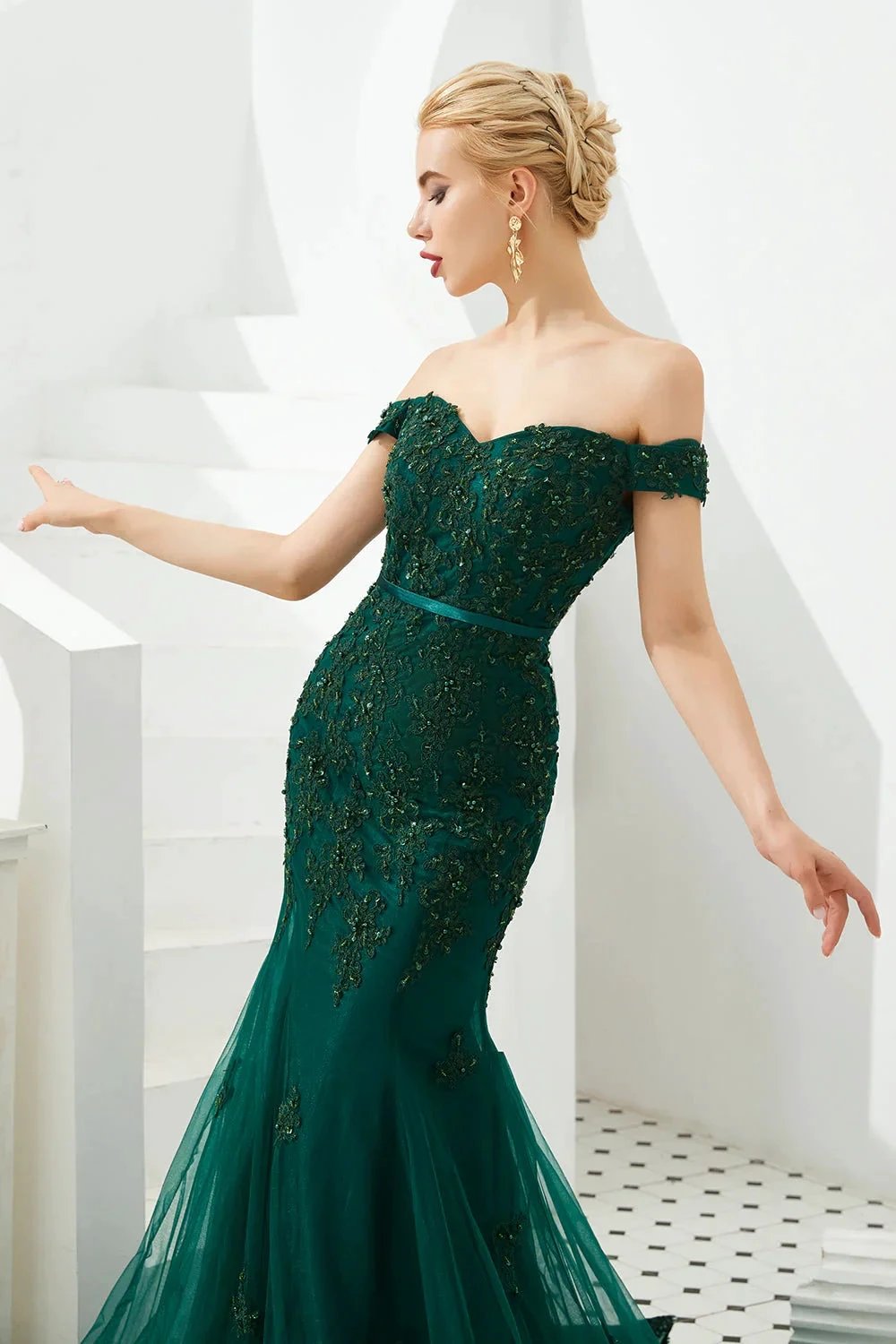 Elegant Long Mermaid Off-the-shoulder Tulle Lace Prom Dress by BIZTUNNEL