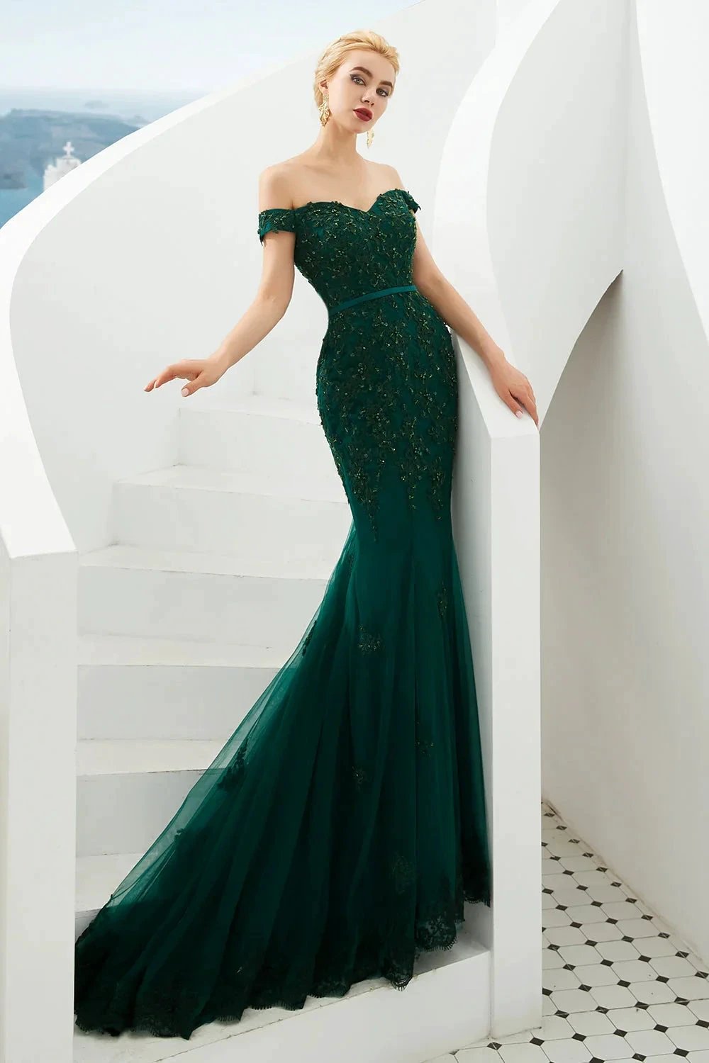 Elegant Long Mermaid Off-the-shoulder Tulle Lace Prom Dress by BIZTUNNEL