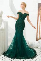 Elegant Long Mermaid Off-the-shoulder Tulle Lace Prom Dress by BIZTUNNEL