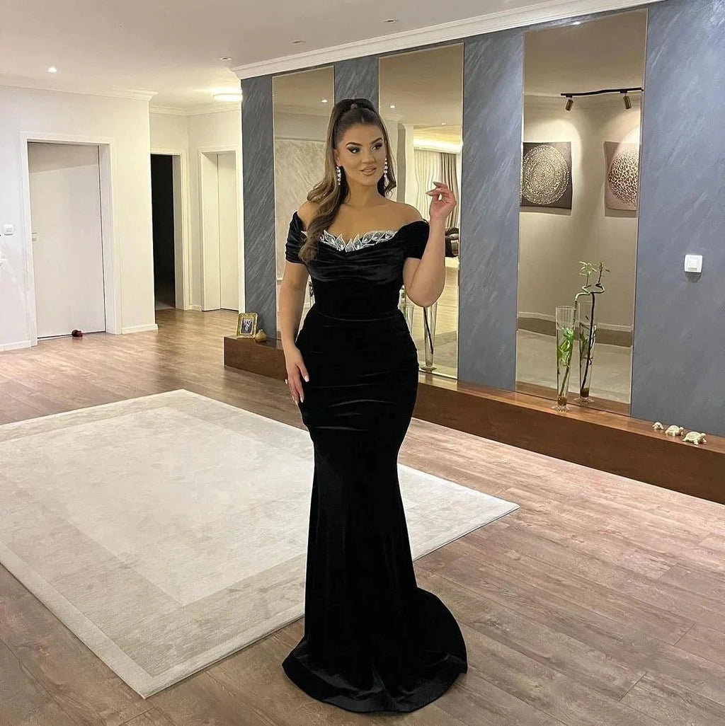 Elegant Long Mermaid Off the Shoulder Velvet Formal Prom Dresses with Sleeves by BIZTUNNEL
