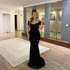 Elegant Long Mermaid Off the Shoulder Velvet Formal Prom Dresses with Sleeves by BIZTUNNEL