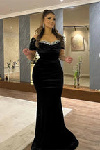 Elegant Long Mermaid Off the Shoulder Velvet Formal Prom Dresses with Sleeves by BIZTUNNEL