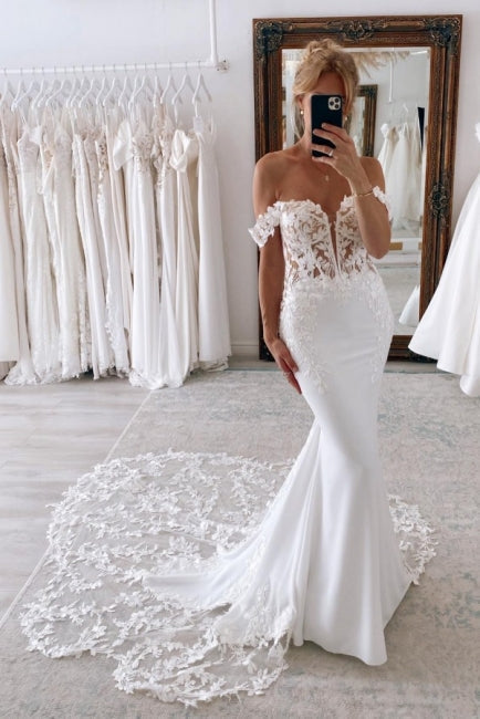 Elegant Long Mermaid Off-the-shoulder Wedding Dresses With Lace Hover Image
