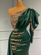 Elegant Long Mermaid One Shoulder Dark Green Prom Dress by BIZTUNNEL
