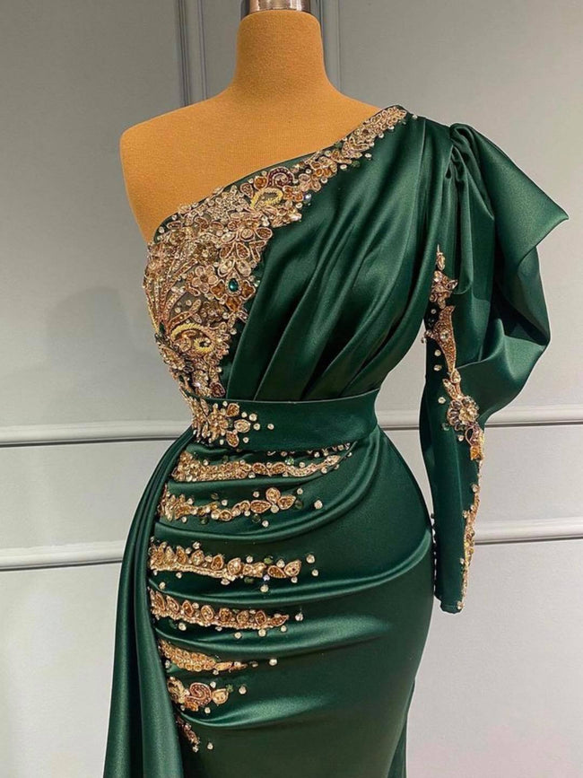 Elegant Long Mermaid One Shoulder Dark Green Prom Dress Main Image