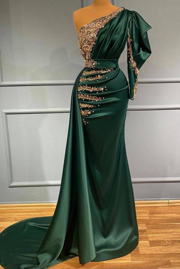 Elegant Long Mermaid One Shoulder Dark Green Prom Dress Hover Image