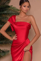Elegant Long Mermaid One Shoulder Satin Formal Prom Dress with Slit by BIZTUNNEL