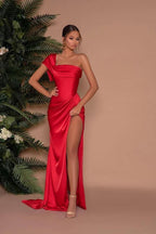Elegant Long Mermaid One Shoulder Satin Formal Prom Dress with Slit by BIZTUNNEL