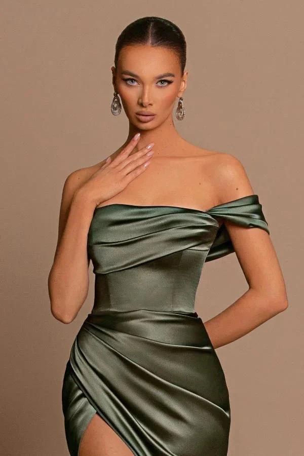 Elegant Long Mermaid One Shoulder Satin Formal Prom Dresses with Slit by BIZTUNNEL