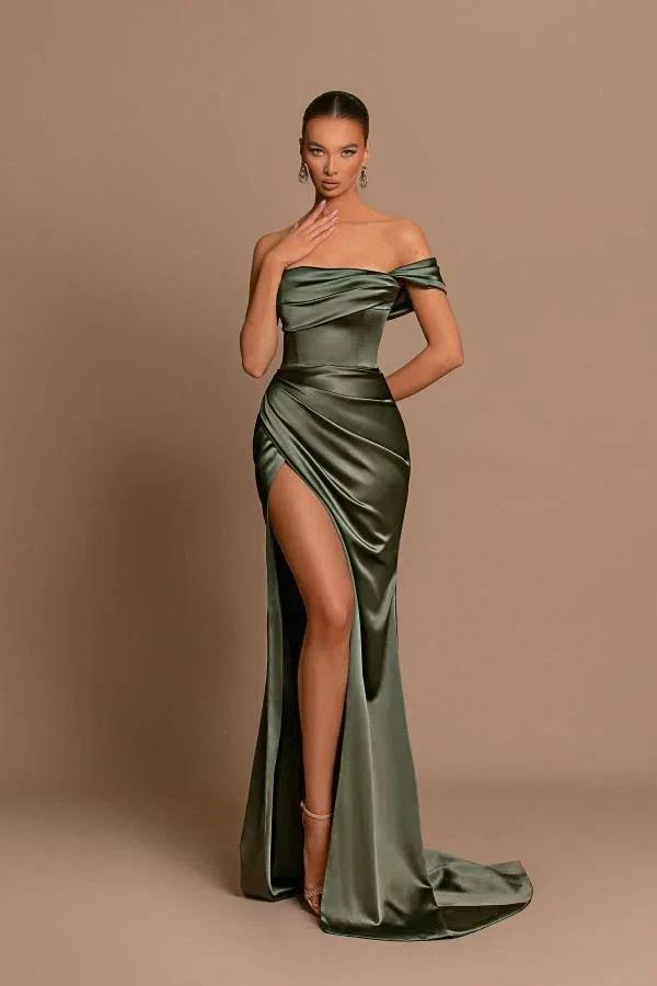 Elegant Long Mermaid One Shoulder Satin Formal Prom Dresses with Slit by BIZTUNNEL