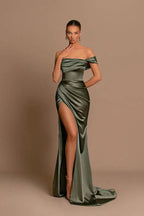 Elegant Long Mermaid One Shoulder Satin Formal Prom Dresses with Slit by BIZTUNNEL