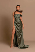 Elegant Long Mermaid One Shoulder Satin Formal Prom Dresses with Slit by BIZTUNNEL