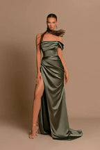 Elegant Long Mermaid One Shoulder Satin Formal Prom Dresses with Slit by BIZTUNNEL