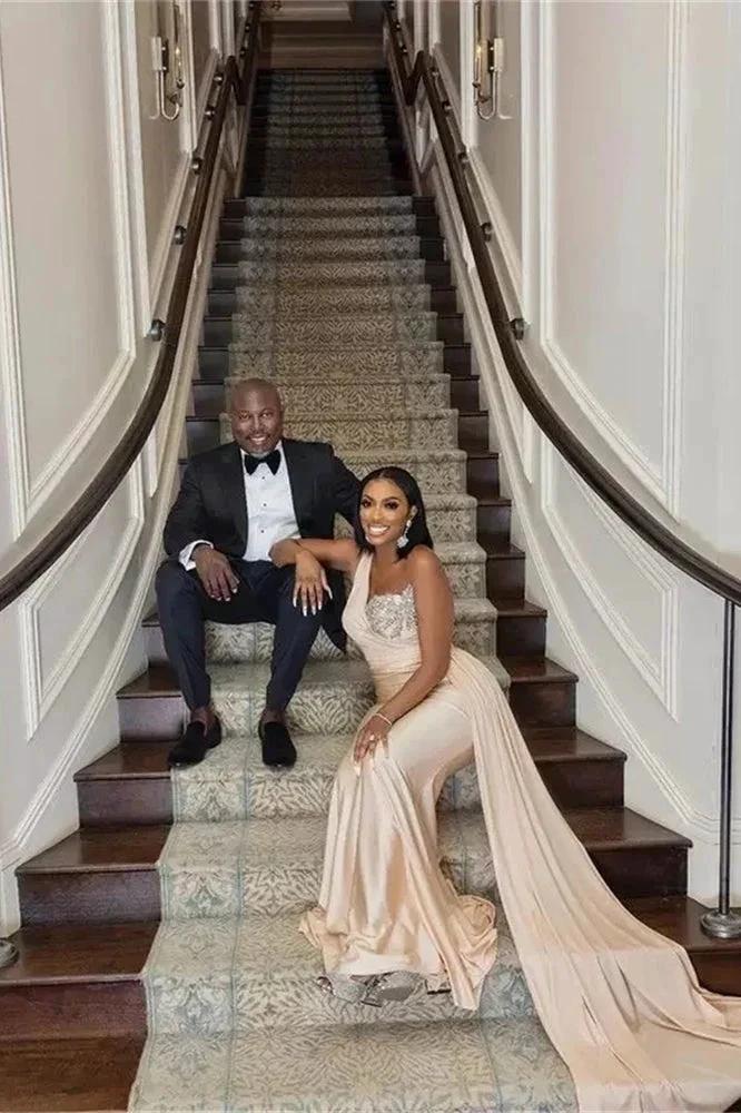 Elegant Long Mermaid One Shoulder Sequined Prom Dress With Ruffles by misshow.com