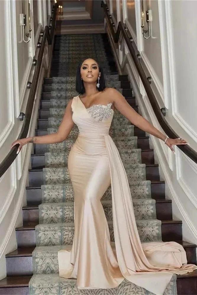 Elegant Long Mermaid One Shoulder Sequined Prom Dress With Ruffles by misshow.com