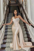 Elegant Long Mermaid One Shoulder Sequined Prom Dress With Ruffles by misshow.com