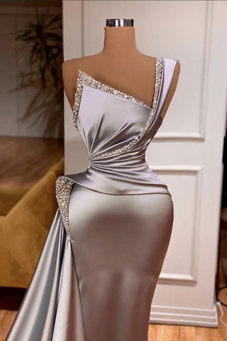 Elegantes langes Meerjungfrau-Ballkleid mit einer Schulter und ärmellosem Satin