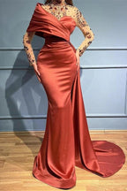 Elegant Long Mermaid Ruffles Satin Beading Tulle Prom Dress with Sleeves by BIZTUNNEL