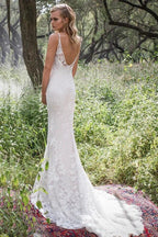 Elegant Long Mermaid Spaghetti Strap Lace Backless Wedding Dress by BIZTUNNEL