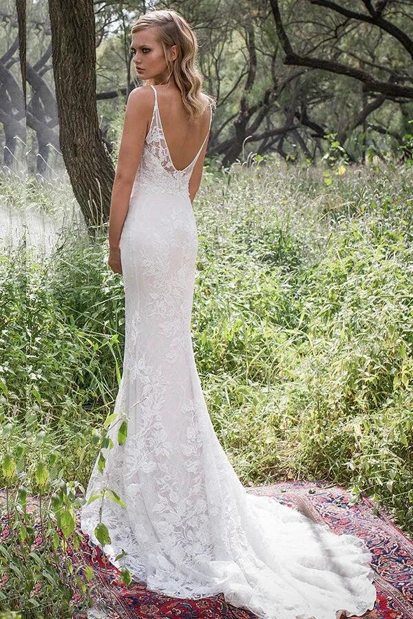 Elegant Long Mermaid Spaghetti Strap Lace Backless Wedding Dress by BIZTUNNEL