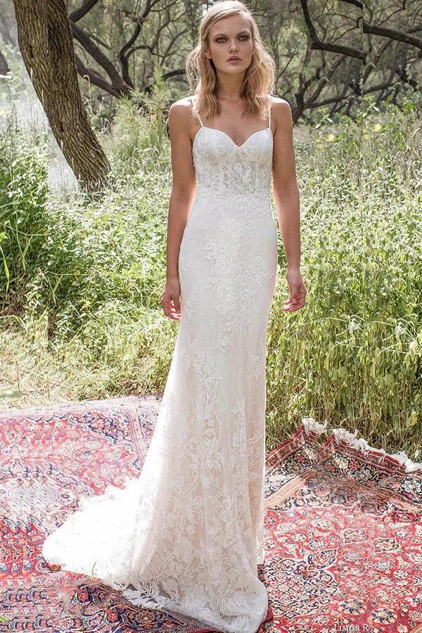Elegant Long Mermaid Spaghetti Strap Lace Backless Wedding Dress by BIZTUNNEL