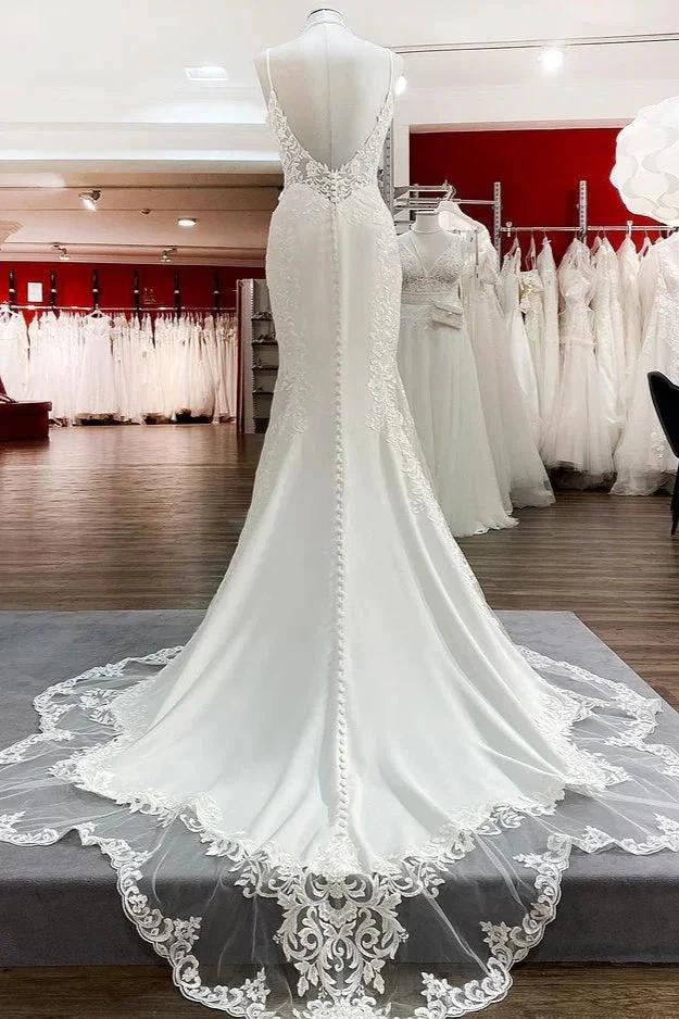 Elegant Long Mermaid Spaghetti Straps Lace Satin Open Back Wedding Dress by BIZTUNNEL