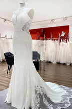 Elegant Long Mermaid Spaghetti Straps Lace Satin Open Back Wedding Dress by BIZTUNNEL