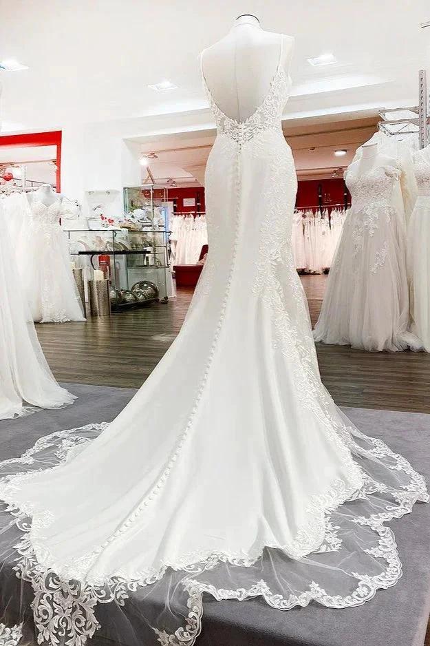 Elegant Long Mermaid Spaghetti Straps Lace Satin Open Back Wedding Dress by BIZTUNNEL