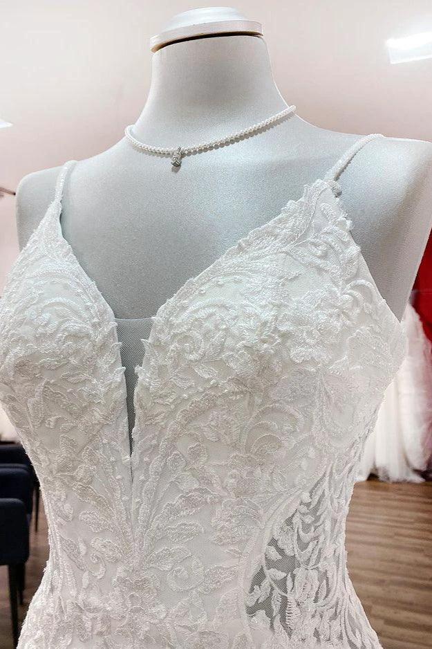 Elegant Long Mermaid Spaghetti Straps Lace Satin Open Back Wedding Dress by BIZTUNNEL