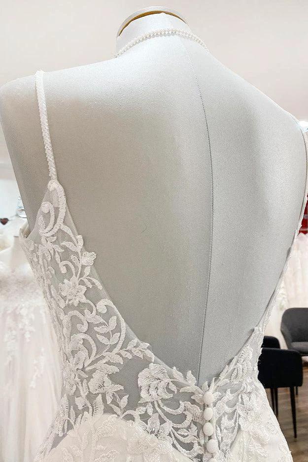 Elegant Long Mermaid Spaghetti Straps Lace Satin Open Back Wedding Dress by BIZTUNNEL