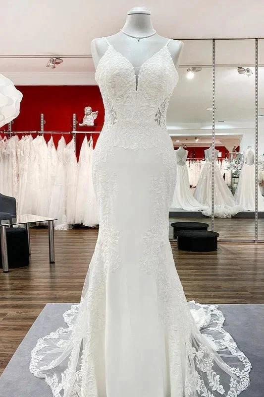Elegant Long Mermaid Spaghetti Straps Lace Satin Open Back Wedding Dress by BIZTUNNEL