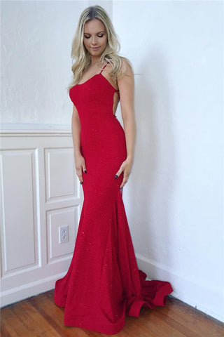 Elegantes langes Meerjungfrau-Ballkleid mit Spaghettiträgern und offenem Rücken