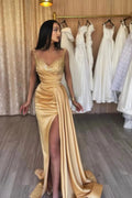 Elegant Long Mermaid Spaghetti Straps Sequined Sleeveless Prom Dress With Slit by misshow.com
