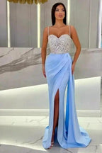 Elegant Long Mermaid Spaghetti Straps Sweetheart Glitter Prom Dress With Slit by misshow.com