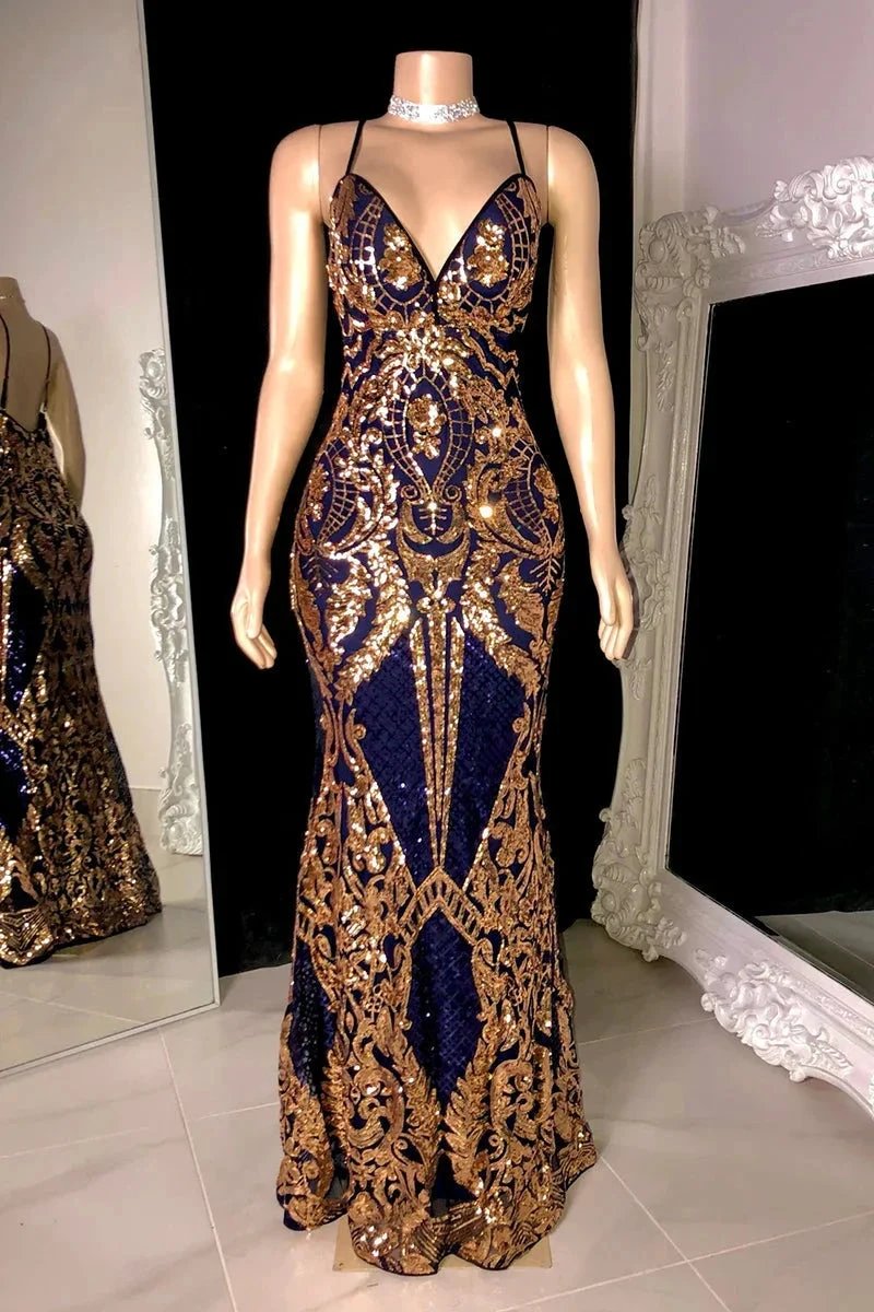 Elegant Long Mermaid Spaghetti Straps V-neck Lace Sleeveless Prom Dress by misshow.com