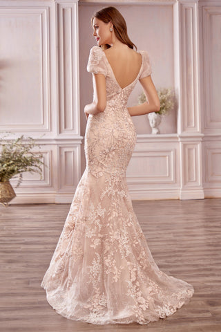 Elegante vestido de fiesta largo de sirena con escote en forma de corazón, sin espalda, de encaje y mangas
