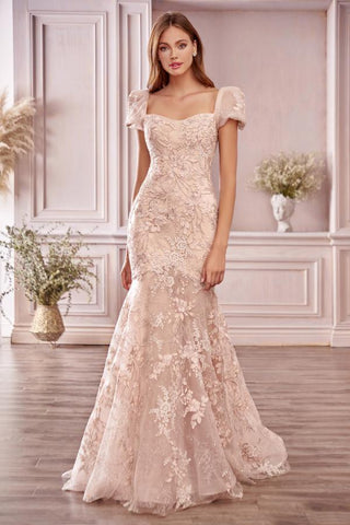 Elegante vestido de fiesta largo de sirena con escote en forma de corazón, sin espalda, de encaje y mangas
