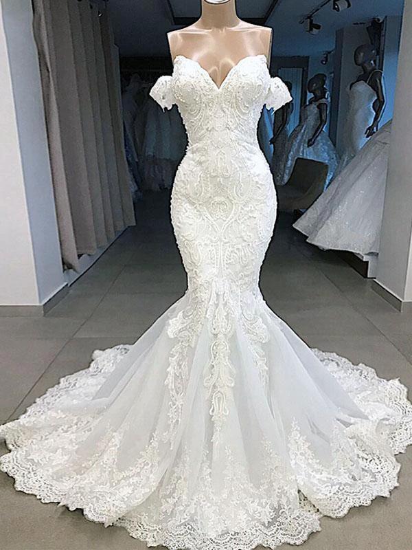 Elegant Long Mermaid Sweetheart Lace Wedding Dresses with Sleeves by BIZTUNNEL